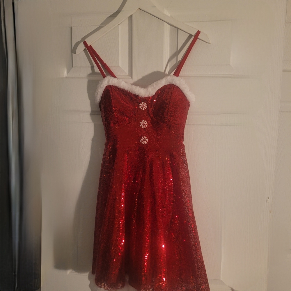 No Boundaries Festive Red Sequin Dress with White Accents